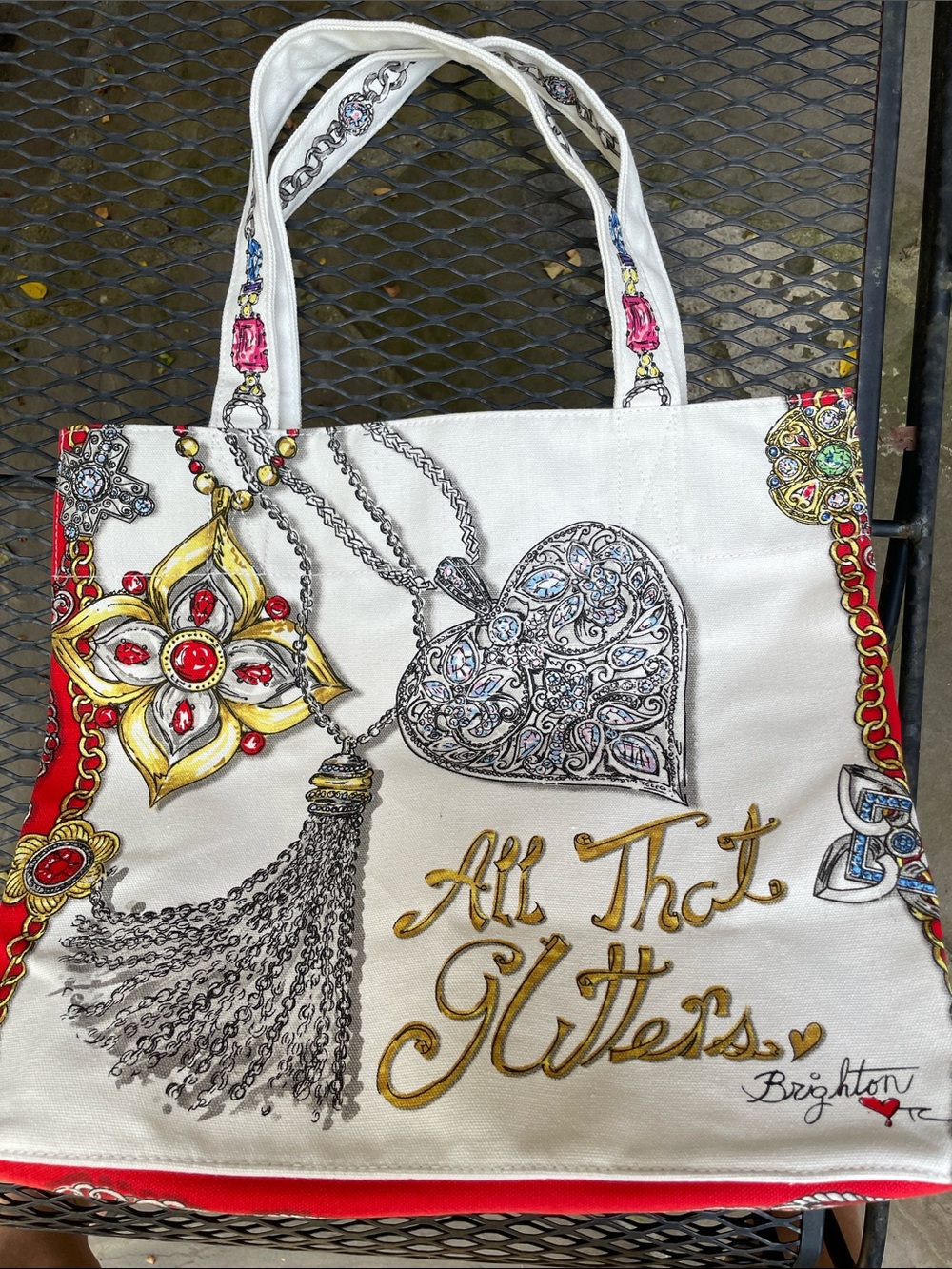 Brighton 'All That Glitters' White Tote Bag with Decorative Jewelry Print-NWOT